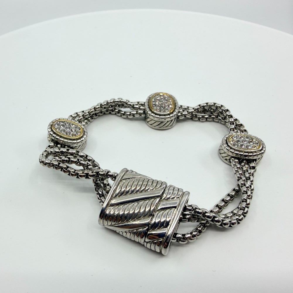 Vintage Y2K Silver Tone Multi-Strand Cable Chain Bracelet Crystal Pave Textured
